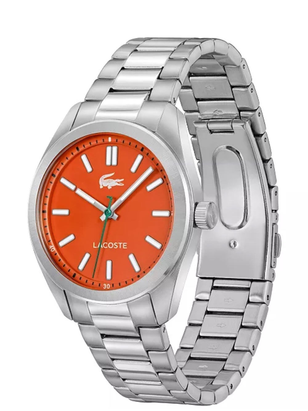Luxury Lacoste Silver Stainless Steel Watch with Orange Dial